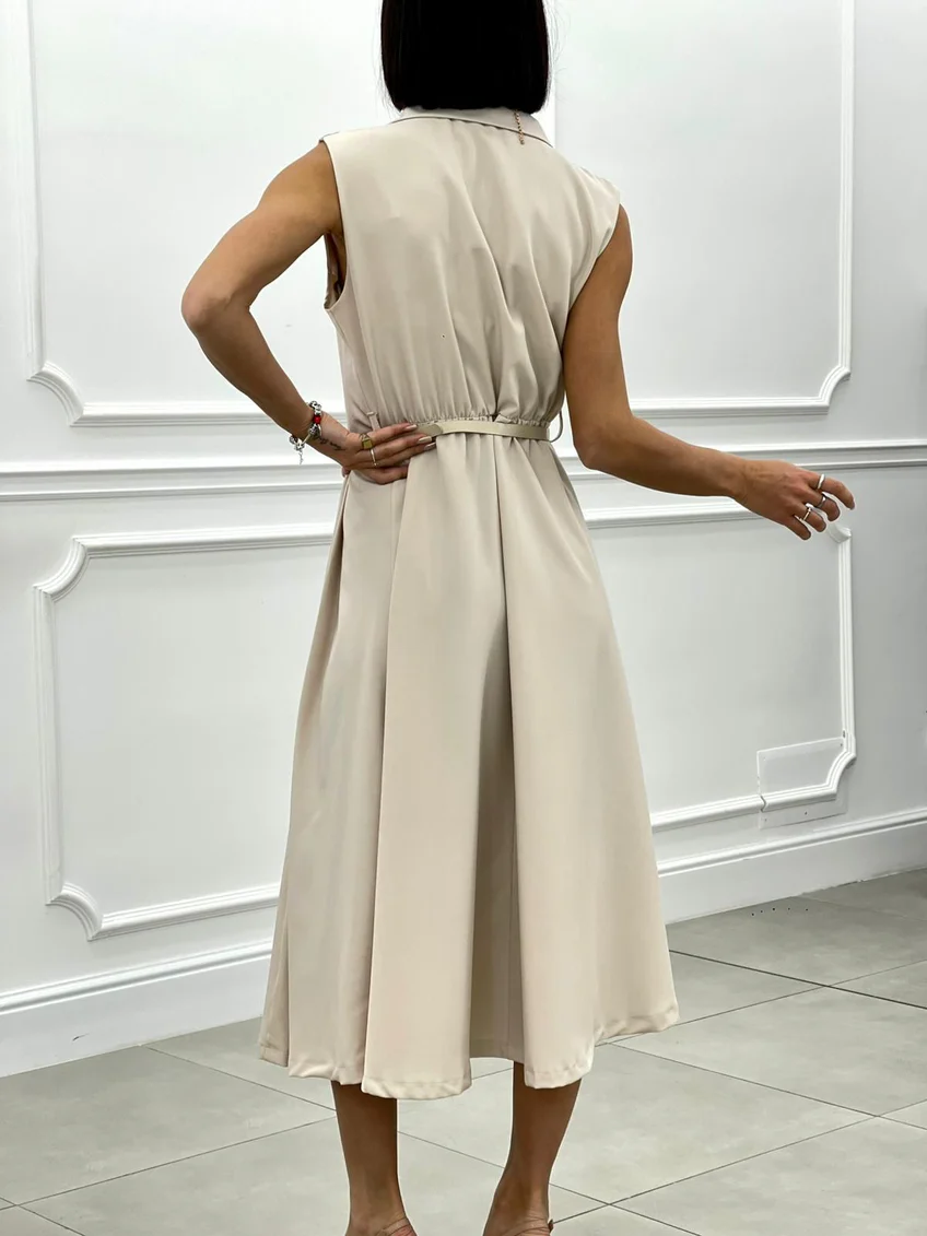 Rochie plisata eleganta cu nasturi si curea – marime universala S-L, croi regular, stil office [1]