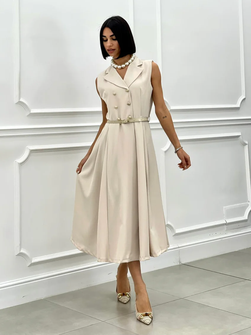 Rochie plisata eleganta cu nasturi si curea – marime universala S-L, croi regular, stil office [4]