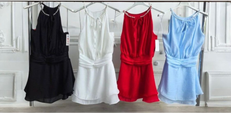 Rochii Dama - Rochie scurta cu volane, perle la gat si talie marcata din lyocell
