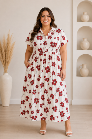 Rochii Dama - Rochie tip camasa cu imprimeu floral din bumbac, croi lejer