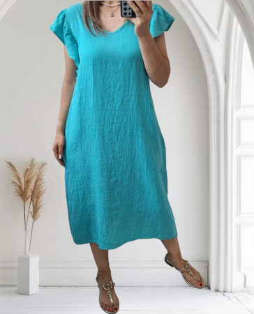 Rochii Dama - Rochie vaporoasă din in 100% cu mâneci cu volane – Croială lejeră, culori pastelate