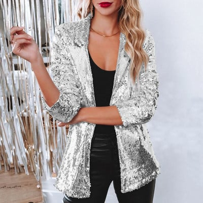 Sacou Dama din Catifea cu Paiete Stralucitoare - Blazer Party - alb Sacouri Dama - Sacou Dama din Catifea cu Paiete Stralucitoare - Blazer Party - alb
