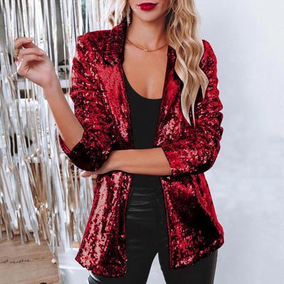 Sacouri Dama - Sacou Dama din Catifea cu Paiete Stralucitoare - Blazer Party - rosu