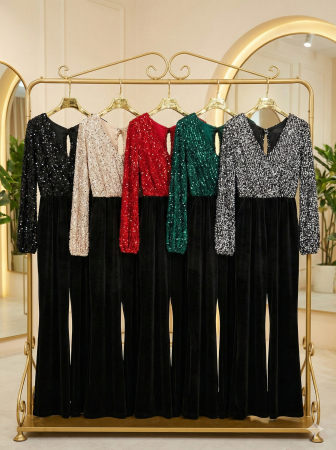 Salopeta Eleganta Catifea Paiete Maneca Lunga Decolteu V [2]