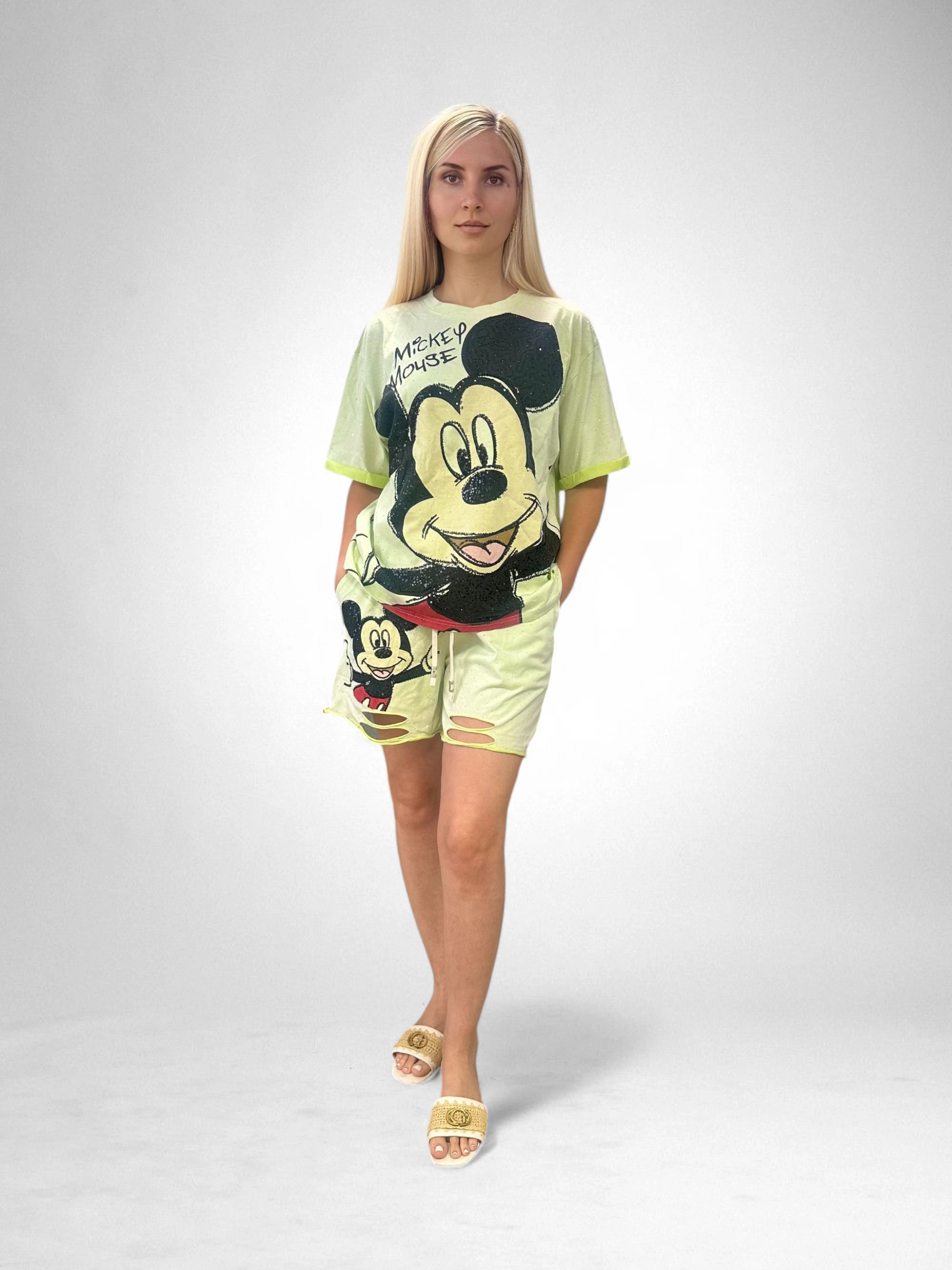 Compleuri Dama - Set Bumbac Premium Tricou Si Pantaloni, Marime Universala, Mickey Mouse/Monster