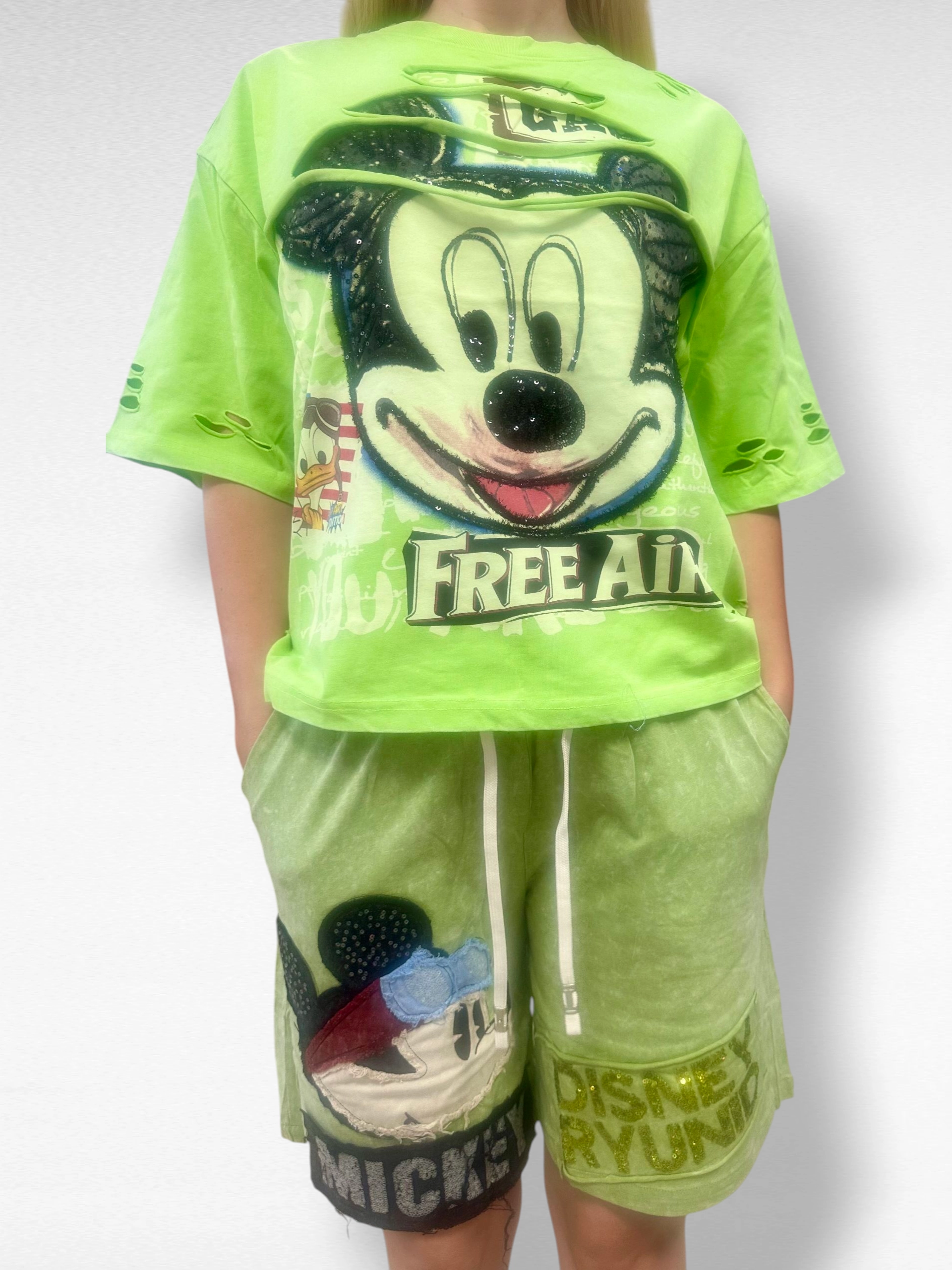 Compleuri Dama - Set Bumbac Premium Tricou Si Pantaloni, Marime Universala, Mickey Mouse/Monster