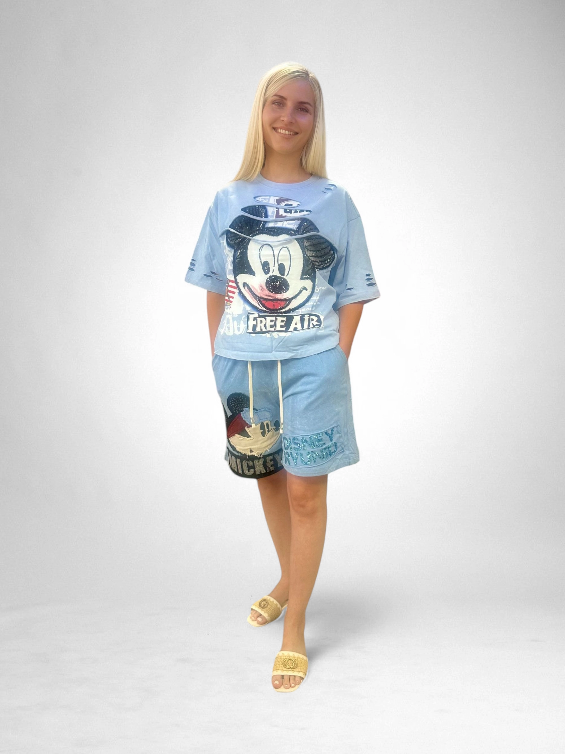Imbracaminte Dama - Set Bumbac Premium Tricou Si Pantaloni, Marime Universala, Mickey Mouse/Monster