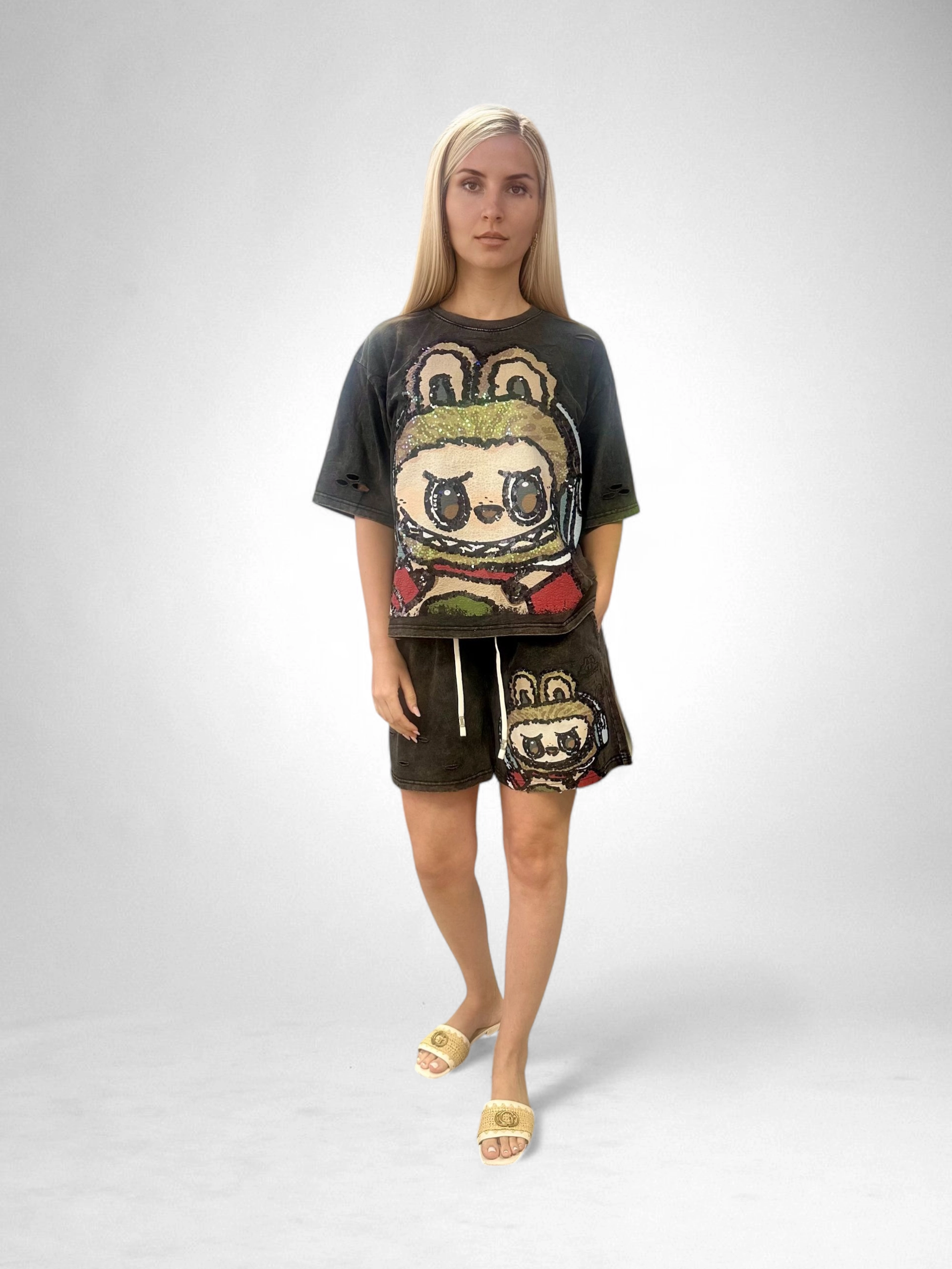 Imbracaminte Dama - Set Bumbac Premium Tricou Si Pantaloni, Marime Universala, Mickey Mouse/Monster