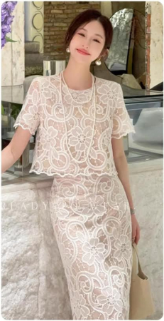 Compleuri Dama - Set Dama Compleu Elegant din Dantela – Bluza cu Maneca Scurta & Fusta Midi, Made in Italy - ALN