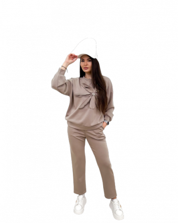 Imbracaminte Dama - Set Casual Vascoza Cu Elastan, Bluza Cu Floare 3D Si Pantaloni, Talie Unica - CHMS