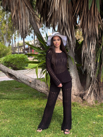 Set plaja tricotat doua piese pantaloni si top – alb, negru, maro inchis Compleuri casual - Set plaja tricotat doua piese pantaloni si top – alb, negru, maro inchis