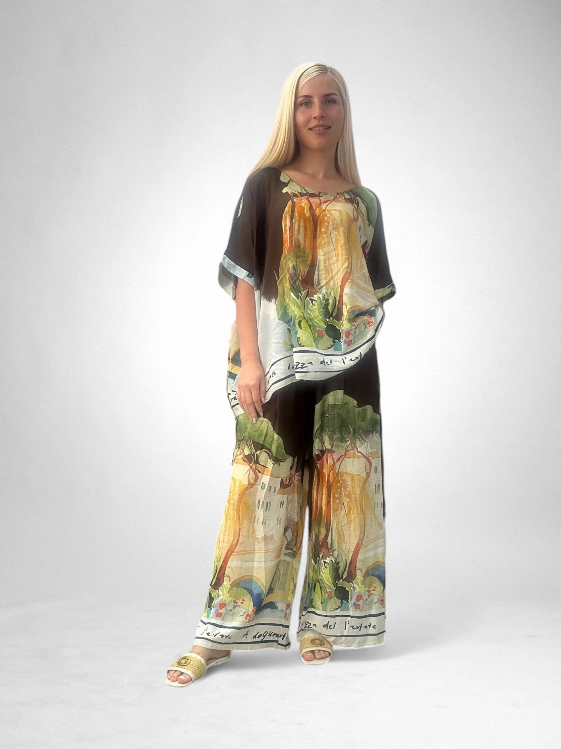 Set Vara Pictat Digital, Marime Universala, Tricou Si Pantaloni Largi Imbracaminte Dama - Set Vara Pictat Digital, Marime Universala, Tricou Si Pantaloni Largi