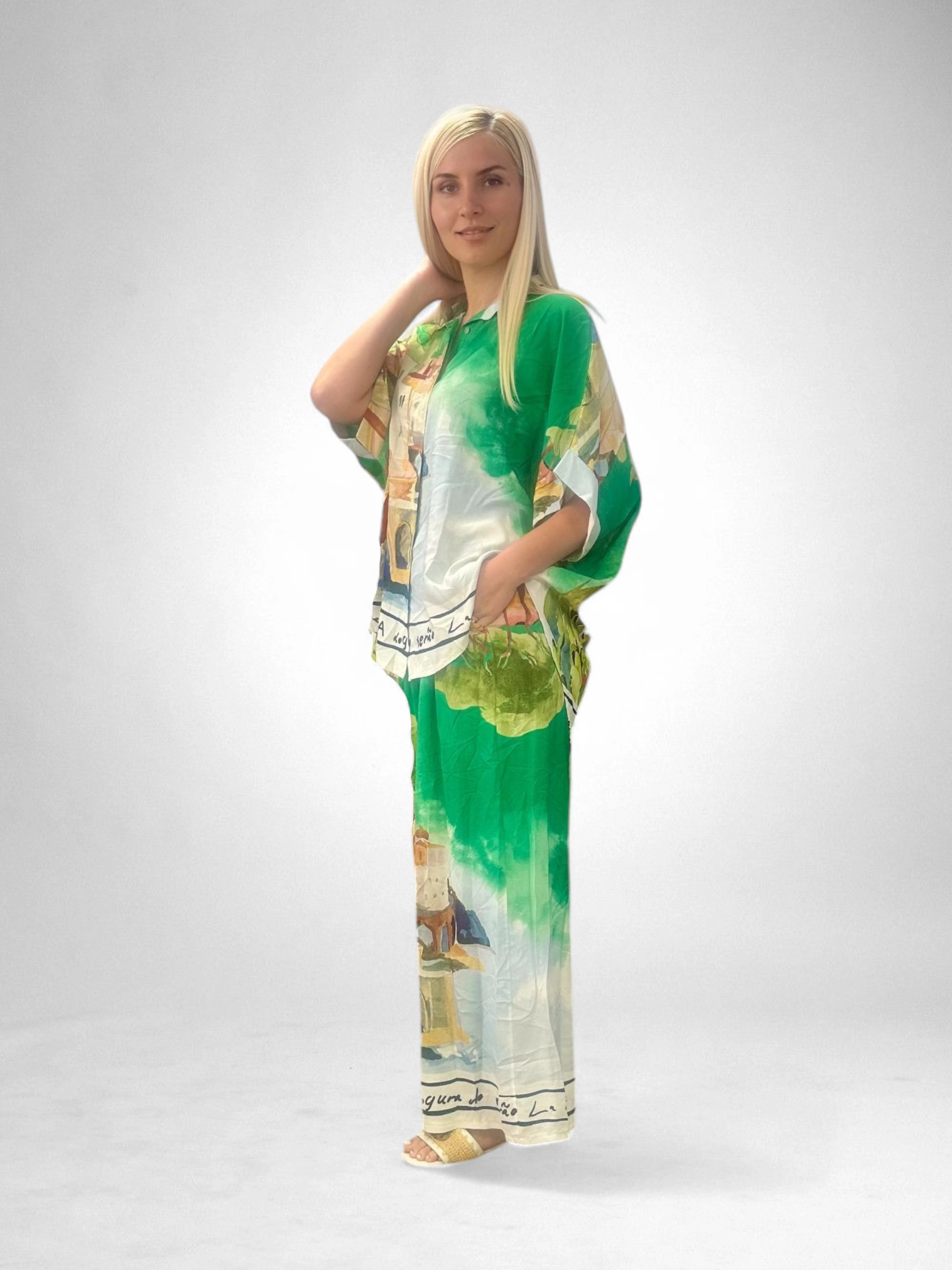 Compleuri Dama - Set Vascosa Racoros Vara, Imprimeu Artistic, Camasa Si Pantaloni Largi, Marime Universala