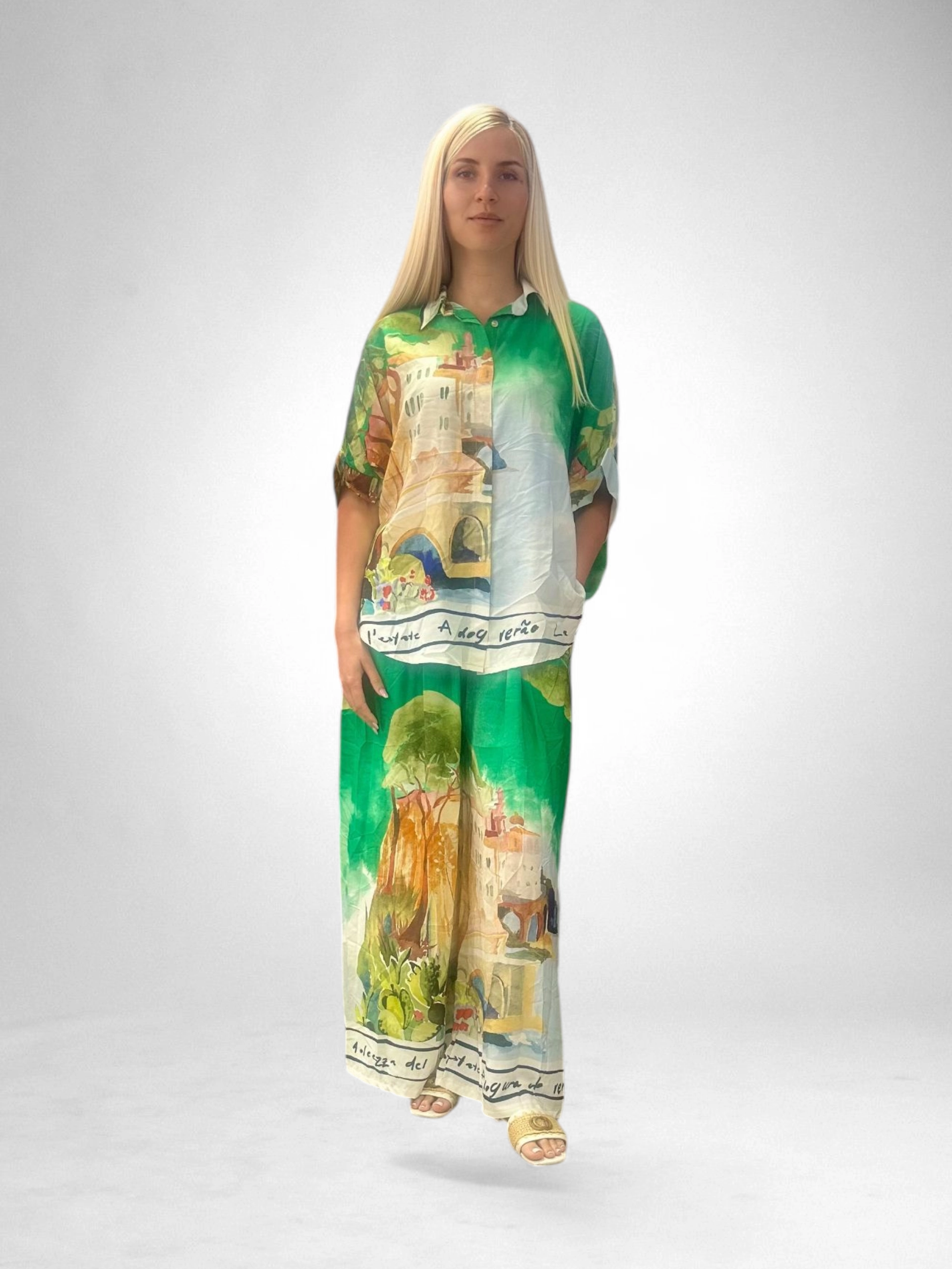 Set Vascosa Racoros Vara, Imprimeu Artistic, Camasa Si Pantaloni Largi, Marime Universala [1]