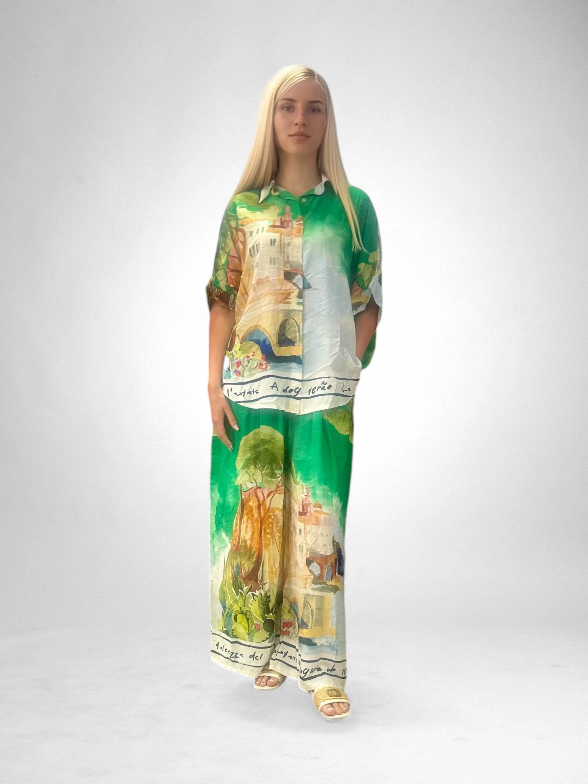 Set Vascosa Racoros Vara, Imprimeu Artistic, Camasa Si Pantaloni Largi, Marime Universala [2]