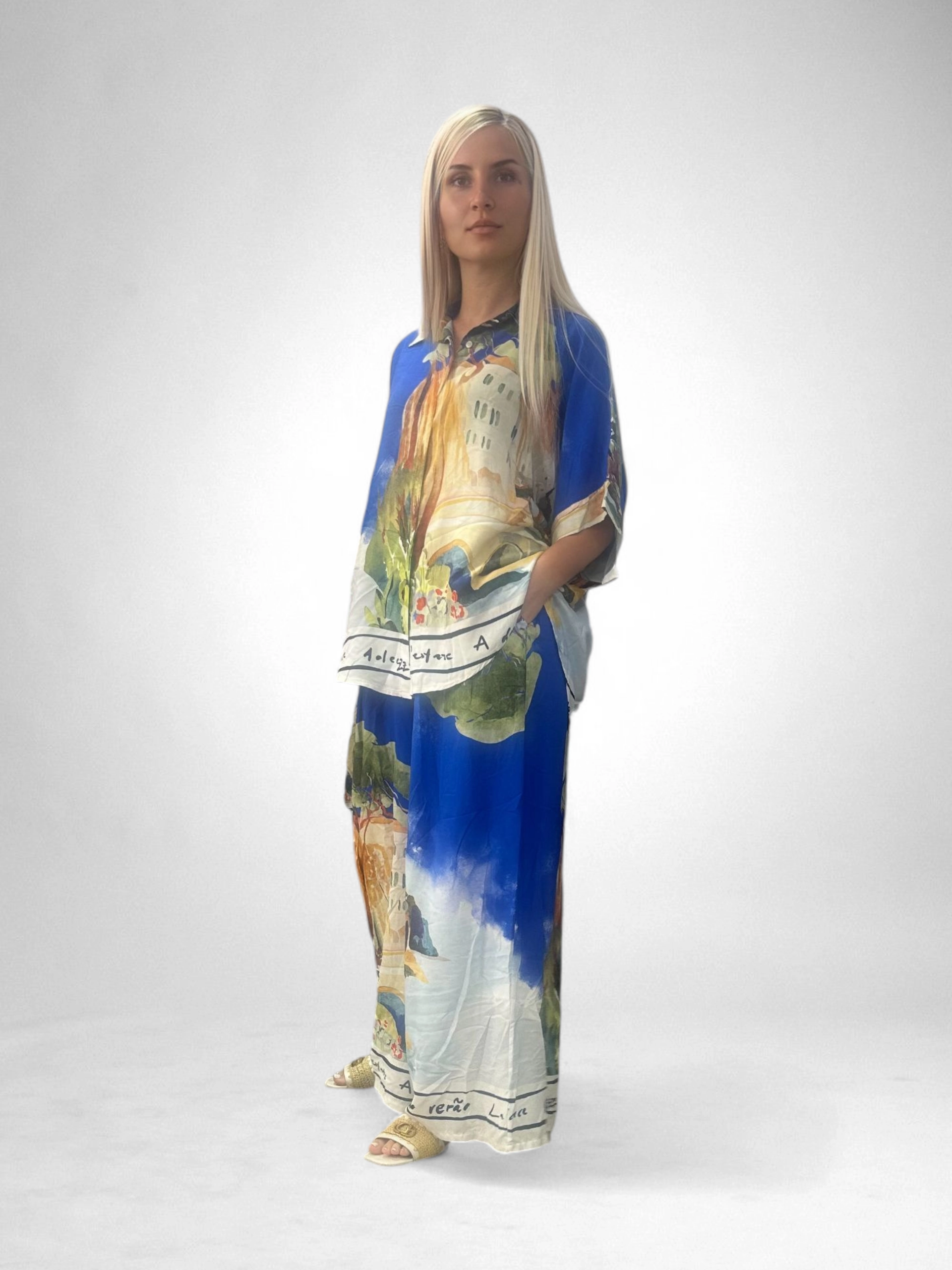 Imbracaminte Dama - Set Vascosa Racoros Vara, Imprimeu Artistic, Camasa Si Pantaloni Largi, Marime Universala
