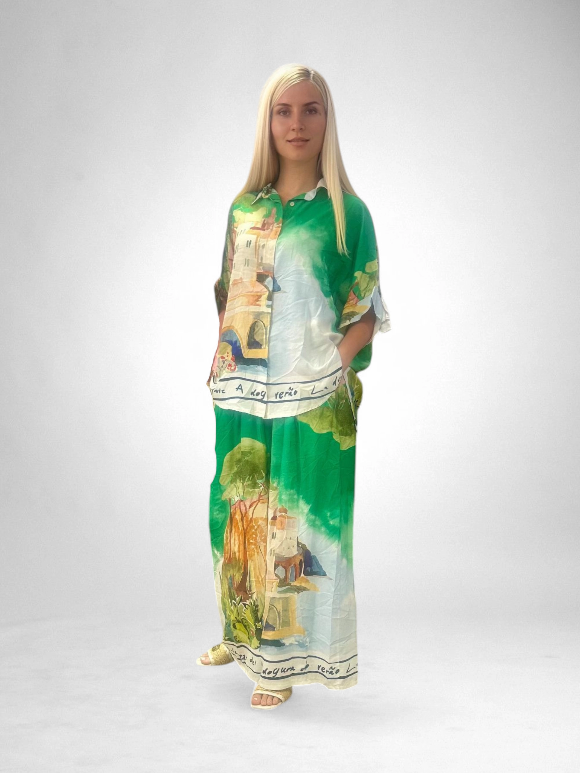 Set Vascosa Racoros Vara, Imprimeu Artistic, Camasa Si Pantaloni Largi, Marime Universala [3]