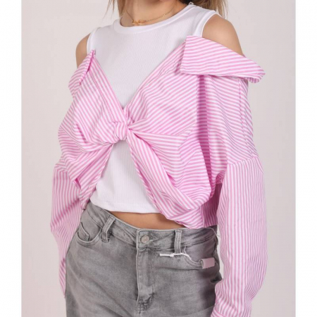 Top casual cu umerii goi si dungi verticale – efect stratificat cu maiou alb si camasa cusuta, marime universala [1]