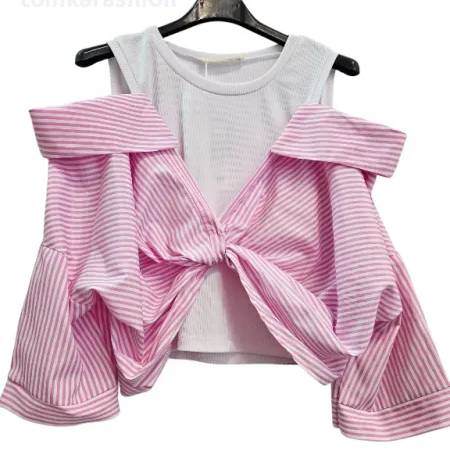 Top casual cu umerii goi si dungi verticale – efect stratificat cu maiou alb si camasa cusuta, marime universala [4]