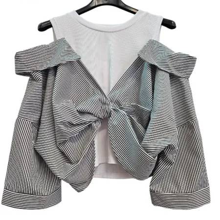 Top casual cu umerii goi si dungi verticale – efect stratificat cu maiou alb si camasa cusuta, marime universala [1]
