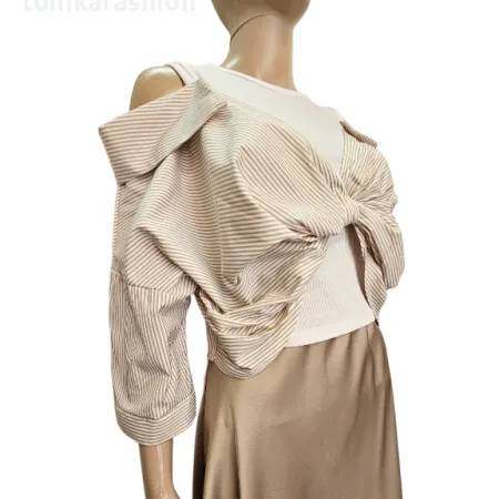 Top casual cu umerii goi si dungi verticale – efect stratificat cu maiou alb si camasa cusuta, marime universala [3]
