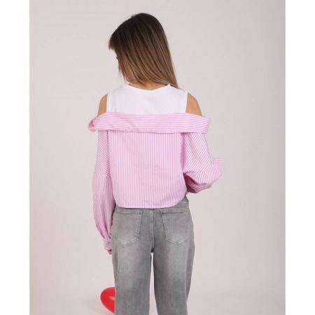 Top casual cu umerii goi si dungi verticale – efect stratificat cu maiou alb si camasa cusuta, marime universala [3]