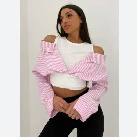 Top casual cu umerii goi si dungi verticale – efect stratificat cu maiou alb si camasa cusuta, marime universala [5]
