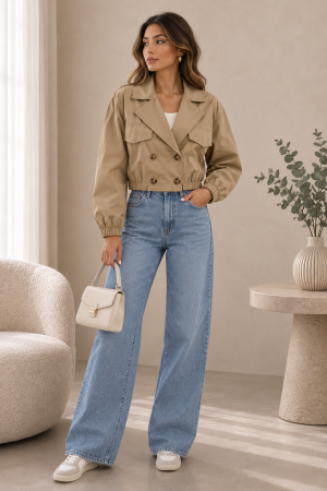 Jachete Dama - Trench scurt dama cu revere si croi lejer