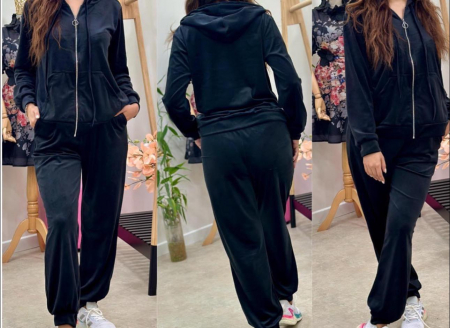 Pantaloni Lungi - Compleu Dama din Catifea - Pantaloni si Hanorac cu Gluga si Fermoar