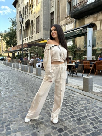 Compleuri casual - Trening Dama Bumbac - Compleu 2 Piese: Pantaloni Evazati si Hanorac cu Gluga