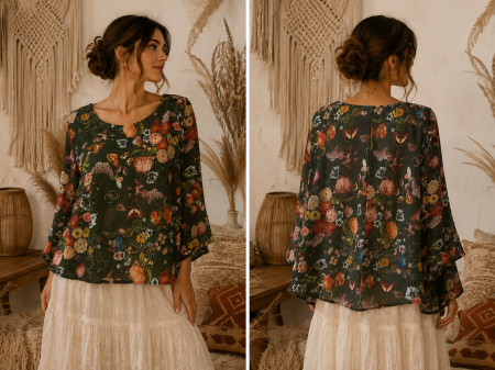 Imbracaminte Dama - Tricou dama floral cu croi lejer si maneci ample, verde inchis