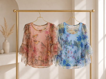 Bluze Dama - Tricou dama vaporos cu imprimeu floral si pasari, maneci fluide,