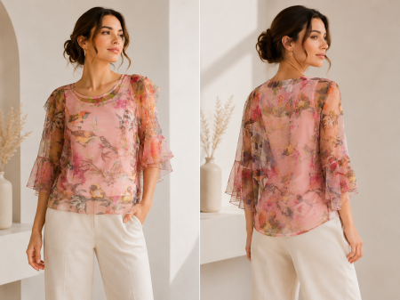 Imbracaminte Dama - Tricou dama vaporos cu imprimeu floral si pasari, maneci fluide,