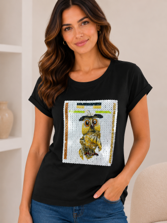 Tricouri Dama - Tricou negru  cu paiete si imprimeu bufnita