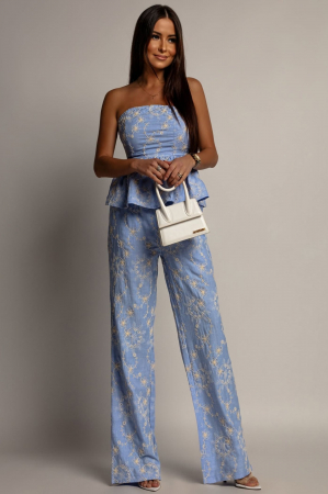 Salopeta Dama - Salopetă damă strapless cu broderie și volane – Bleu pastel sau Albastru, elegantă și vaporoasă