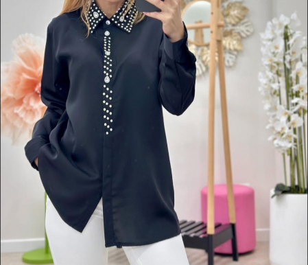 Bluze Dama - Bluza Dama, Camasa Dama cu Guler Ascutit si Strasuri si Perle Decorative - ALN