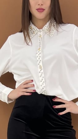 Bluze Dama - Bluza Dama, Camasa Dama cu Guler Ascutit si Strasuri si Perle Decorative - ALN