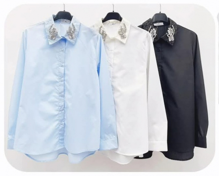 Bluze Dama - Bluza Dama, Camasa Dama Ivy cu Guler Ascutit si Strasuri Aplicate - ALN