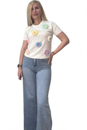 Bluze Dama - Bluza dama cu flori mari 3D aplicate - Happy - alb
