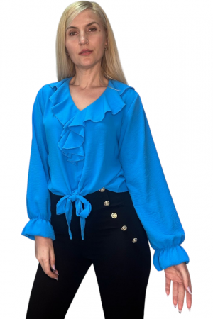 Bluze Dama - Bluza dama cu volane si funda in talie - Jolie - Bleu