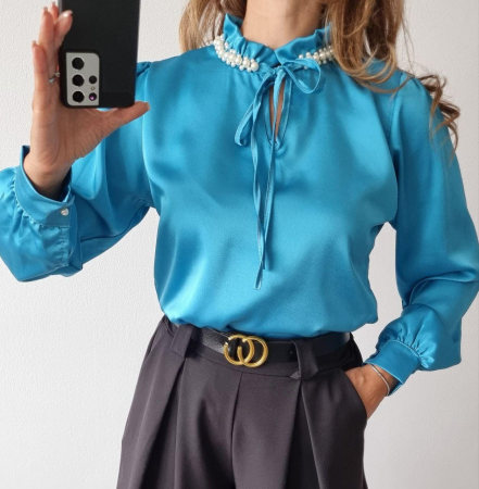 Pulovere Dama - Bluza dama material satinat si guler cu perle - HEB