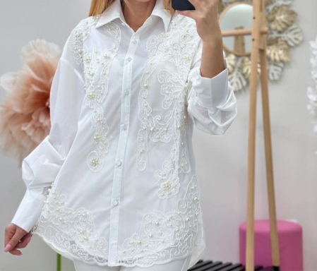 Bluze Dama - Bluza eleganta cu broderie si perle – albastru, alb, negru – marime universala