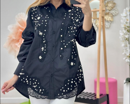 Bluze Dama - Bluza eleganta cu broderie si perle – albastru, alb, negru – marime universala