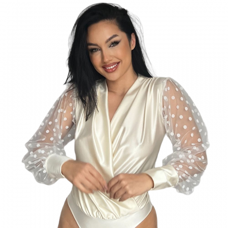 Body Dama - Body cu maneca lunga din tulle cu buline