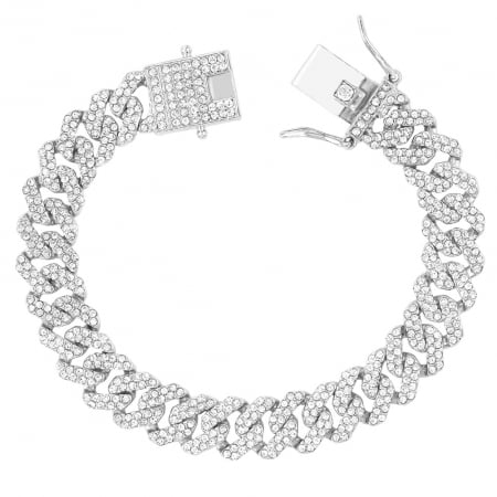 Bijuterii - Bratara Cuban, Cristal Zirconiu ICED OUT MIAMI lant zale 13mm, inchidere cu siguranta, din otel inoxidabil, Hip-Hop Style