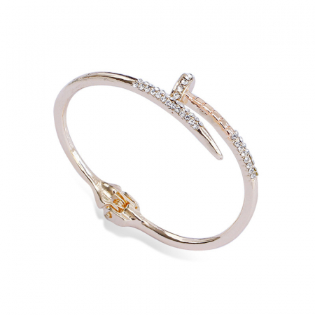 Bijuterii - Bratara statement cu zirconiu, model cui, deschidere cu arc, din otel inoxidabil placat cu aur roze