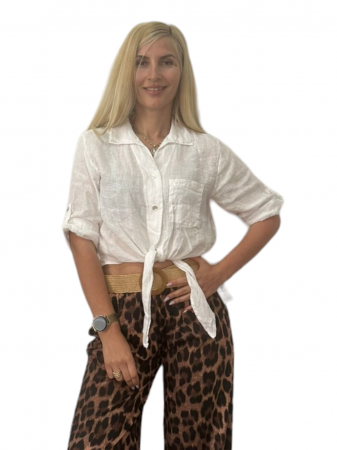 Bluze Dama - Camasa alba din in cu nod in fata