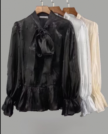 Bluze Dama - Camasa dama organza cu perle si funda la guler