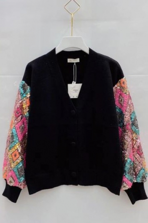 Pulovere Dama - Cardigan Dama Crosetat din Amestec de Lana si Maneci cu Paiete Multicolore