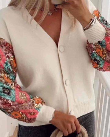 Pulovere Dama - Cardigan Dama Crosetat din Amestec de Lana si Maneci cu Paiete Multicolore